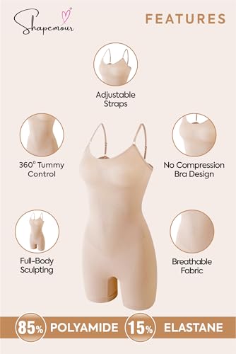 Image of SHAPEMOUR Mid Thigh Bodysuit Bodyshaper, Sculpting Design Shapewear for Women, Body Shaper with Silicone Grip, No Steel Bones for All Day Comfort, Smooth and Seamless Fit