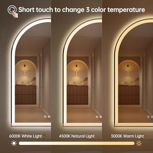 Image of Arched Bathroom Mirror with Lights 28 inchx40 inch- Frameless LED Mirror for Bathroom, Fogless, Dimmable, 3 Color Changing, Shatterproof, Touch Sensor