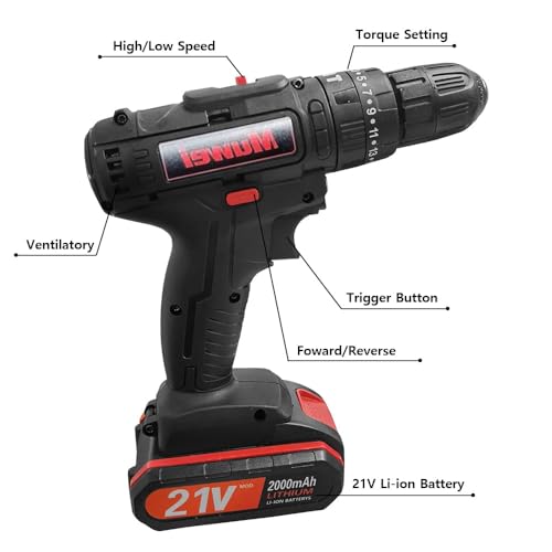 Cordless Drill Driver, 21V Electric Drill Screwdriver Kit with 25+1 Torque, 2 Speed with 2 Batteries 2.0Ah, LED Light Cordless Combi for Home and Garden DIY Project (Black) 2 Cordless Drill Driver, 21V Electric Drill Screwdriver Kit with 25+1 Torque, 2 Speed with 2 Batteries 2.0Ah, LED Light Cordless Combi for Home and Garden DIY Project (Black) - Image 2