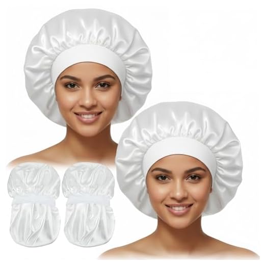 Touca de seda para mulheres dormindo cabelo encaracolado dupla camada de cetim gorro grande forrado de cetim boné de dormir faixa larga chapéus de seda para noite, Branco, G