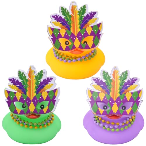 MuMyer Mardi Gras Car Ducks 3 Pack Mini Rubber Ducks Car Ornament with Mini Mardi Gras Mask Beads Necklace Bath Float Decorations for Birthday Party Favors Carnival Gift(2in)