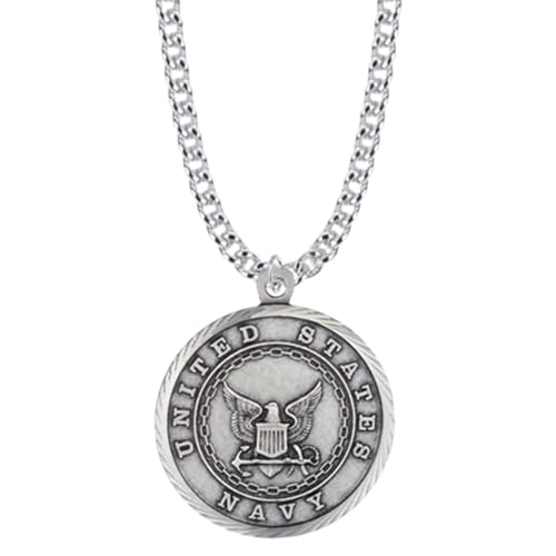 True Faith Jewelry Sterling Silver United States Navy Service Medal with St Michael Patron Saint Archangel Pendant Necklace, 1 Inch