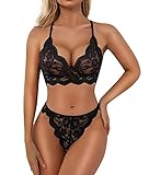 Donnalla Sexy Lingerie for Women Super Stretchy Lace Bra and Panty Set Two Piece Sheer Bralette (Black X-Large)