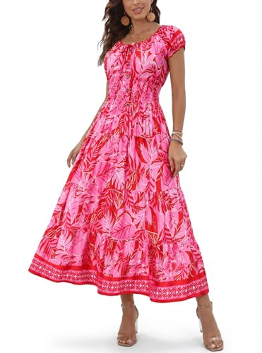 Image of OSTOO Women's Floral Maxi Dress Boho Summer Short Sleeve Smocked Waist Tiered Long Dress