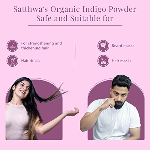 Satthwa Organic Indigo Powder | 227gm | 100% Pure and Natural (Indigofera Tinctoria) | For Deep, Rich, Black Hair Colour and Covering Greys