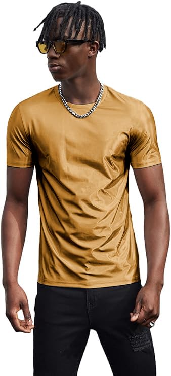 WDIRARA Men's Round Neck Short Sleeve Metallic Tee Top Party T Shirts