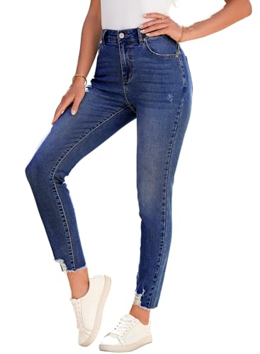 SHEWIN High Waisted Jeans for Women Skinny Fit Shaping Stretchy Jeans Trendy Raw Hem Denim Pants for Women 2026 Dirty Blue Size 4