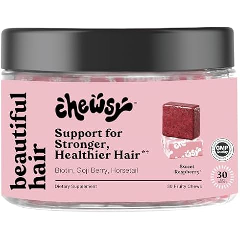 Chewsy Beautiful Hair Chews, Promotes Stronger, Healthier Hair, Biotin, Vitamins C, A, B12, D3, Goji Berry for All Hair Types Individually Wrapped Hair Vitamin Fruity Chews, 30-Day Supply Cover