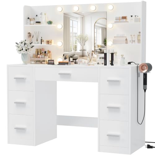 Furmax Vanity Desk with LED Mirror & 7 Drawers