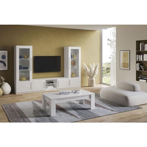 AltoBuy Clark - Ensemble Salon Complet Laqué Blanc Meuble TV et Vitrines avec LEDs + Table Basse