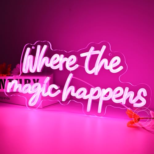Image of Britrio Where The Magic Happens Neon Sign Led Pink Light Up Word Signs for Wall Decor Letter Neon Light Signs Indoor Light for Bedroom Wedding Birthday Party Home Bar Pub Man Cave Gift 5V USB