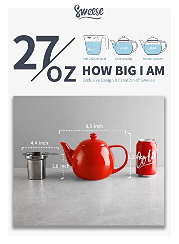 Sweese 221.104 Teapot, Porcelain Tea Pot With Stainless Steel Infuser, Blooming & Loose Leaf Teapot - 27 Ounce, Red #TOP2