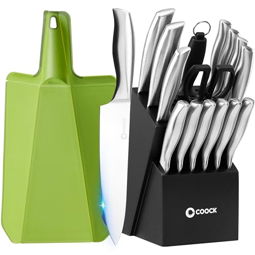 COOCK – 17-Teiliges Premium Messerset mit Messerblock & Faltbarem Schneidebrett – BPA- & PFAS-frei – Edelstahl Küchenmesser mit Schere &...