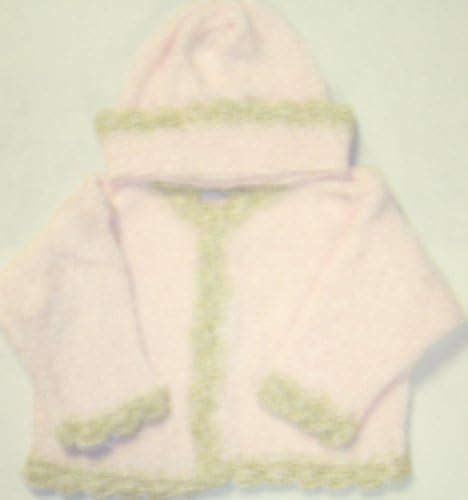 Knitted Baby Pink Chenille Beige Trim Cardigan, Hat Set with Matching Blanket