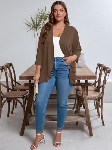 AusLook Women's Plus Size 3/4 Sleeve Lightweight Open Front Cardigan Coffee 4X Draped Ruffles Causal Cover Ups Shrugs Tops Shawls and Wraps Kimono Jacket Coat — view 4