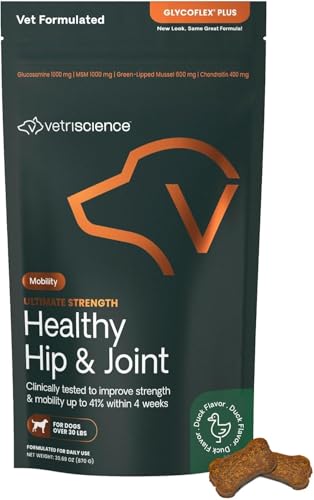 VetriScience Ultimate Strength Hip & Joint Supplement for Dogs, GlycoFlex Plus – MSM, Chondroitin & Green-Lipped Mussel Chews for Mobility, Flexibility, Comfort & Support, Duck Flavor, 120 Cnt