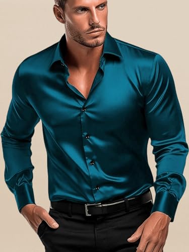 Image of IndoPrimo Men's Satin Shirt with Spread Collar Neck Line Solid Pattern Full Sleeves Regular Fit Western Style and Standard Length