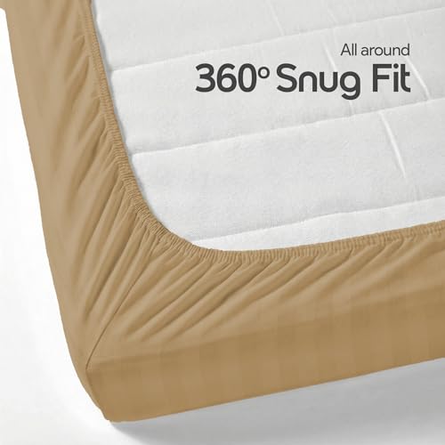 Image of LINENWALAS Cotton 300 TC Fitted Bed Sheet for Queen Bed | Signature 2 CM Sateen Stripe Design | All-Around Elastic for 4-8 Inch Mattresses | Luxury Hotel-Style Bedding (60 x 78, Beige)
