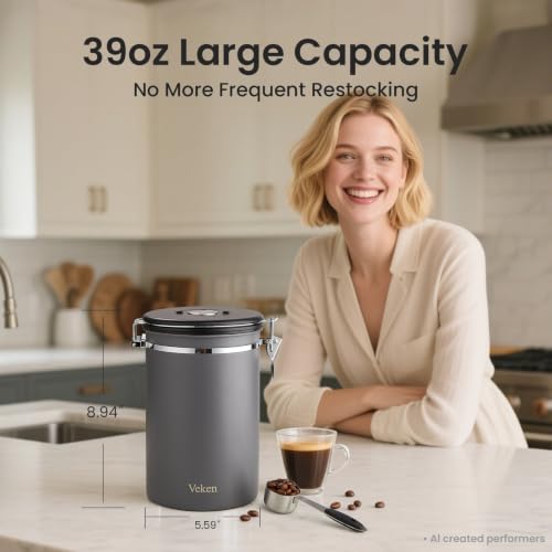 Veken Coffee Canister,39OZ, 2.2lbs,Large Airtight Stainless Steel Container