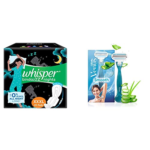 Image of Whisper Night Xxxl 20 And Gillette Venus Hair Removal Razor Spray Sticks For Women With Aloe Vera, 2 Pieces