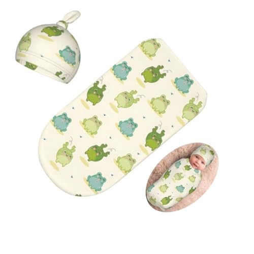 Image of Qiankang Cartoon Frog Newborn Swaddling Blanket Beanie Hat Sets Soft Baby Receiving Funny Animal Blanket Soft Sleeping Bag New Born Soft Sleep Sacks for Boys Girls