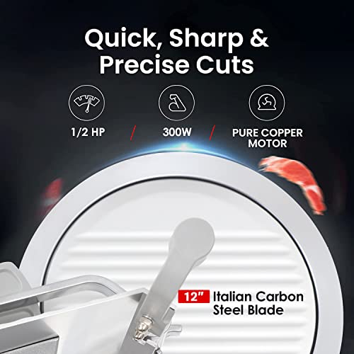 Toogood Premium Commercial Slicer 300W, 1/2 Hp Electric Meat Slicer, 12" Italian Carbon Steel Blade, Quiet Performance, Semi-Frozen Meat/Cheese/Food Slicer, 0.5Mm To 15Mm Adjustable #TOP1