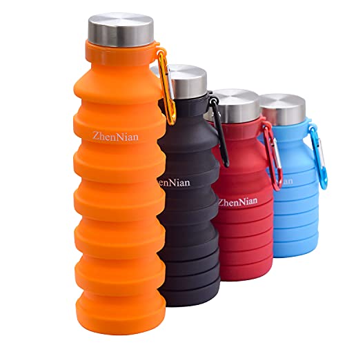 ZhenNian Botellas de agua plegables, botella deportiva de silicona ligera y plegable, botellas de agua a prueba de fugas para acampar al aire libre, senderismo, botella portátil de 18 onzas con