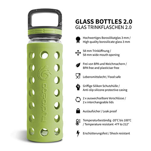 hydro2go Glas-Trinkflasche 550 ml mit Silikonhülle und 2 Deckeln, BPA-frei – Ansicht 5