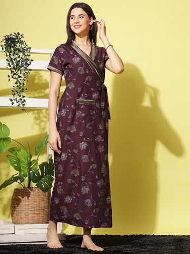 Image of 9shines Label Stylish Cotton Nighty Robe for Women | Front Open Floral Housecoat | Wrap Nighty with Pocket | Adjustable Waist Tie | Plus Size housecoat (HC-2026)