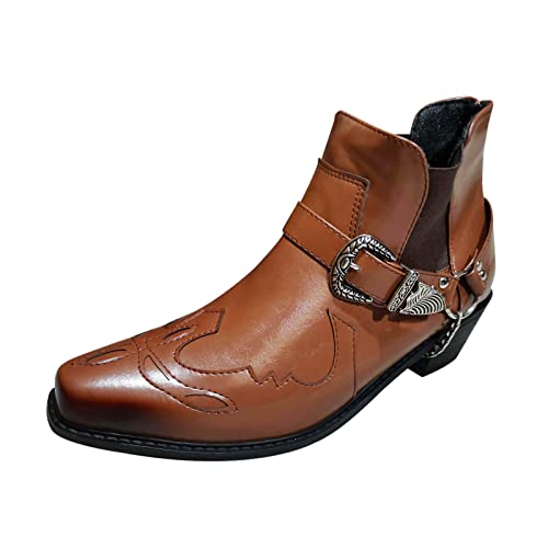 Botas de hombre forradas con hebillas | Botines de piel con tacón | Botas de cuero modernas de caña corta antideslizante lacada botas al aire libre botas occidentales botas de motorista, amarillo, 43