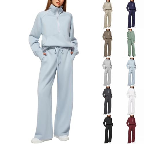 Generisch Conjunto de pantalón deportivo de mujer, de 2 piezas, para invierno, cálido, de terciopelo, para casa, con cuello alto, ropa cómoda, suéter, conjunto de estar, atuendo de ocio, azul, S