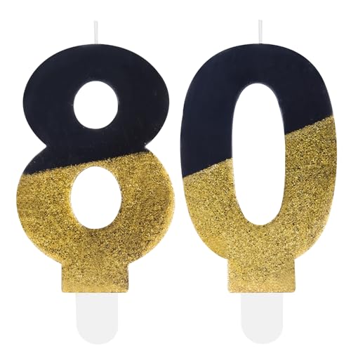 Black Gold Glitter 80th Birthday Candles, Number 80 Candles, Cakes Candle, Candles for Cake, Happy 80th Birthday Cake Topper Decorations for Girls Boys Men Women Birthday Anniversary Wedding Party