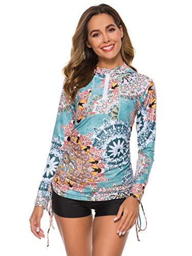 Women's Uv Sun Protection Floral Long Sleeve Rash Guard Hooded Wetsuit Swimsuit Top Upf 50 Ca109-F59-L #TOP3