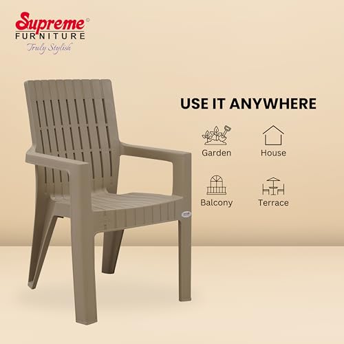 Image of Supreme Furniture Olympia Plastic Arm Chair Set of 2 | 40 Months Warranty*|Chair for Home Garden Office Living Room Cafeteria Restaurant Hotel Resort | Dark Beige