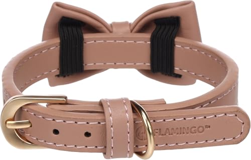 Flamingo Halsband mit Schleife NELA Rosé – XS, S | 24-30 cm x 15 mm x 4 mm, Qualitätsleder, Stilvoll und Praktisch – Ideal für Chihuahua, Pomeranian, Yorkshire Terrier, Shih Tzu, Malteser
