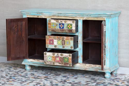 Antique Indian Brass Work Hand Carved Solid Wooden Sideboard Multicolor Mango Wood Indian Arched Sideboard Cabinet Storage Units Indian Solid Wood,Living Room Bedroom Furniture,Modern Sideboard #TOP2