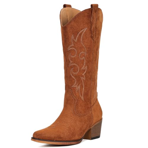 Image of IUV Cowboy Boots For Women Western Cowgirl Boots Mid Calf Snip Toe Boot With Chunky Heel