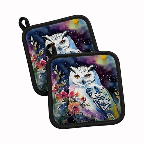 Caroline's Treasures Snowy Owl Pair of Pot Holders Kitchen Heat Resistant Pot Holders Sets Oven Hot Pads for Cooking Baking BBQ, 7 1/2 x 7 1/2
