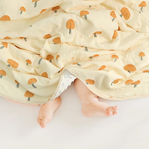 Image of Baby Blanket for Unisex Boys Girls Toddler, Soft Minky with Double Layer Dotted Backing and Muslin Cotton Front, 39 X 43 in (Mushroom) Nursery Bed Throw Quilt