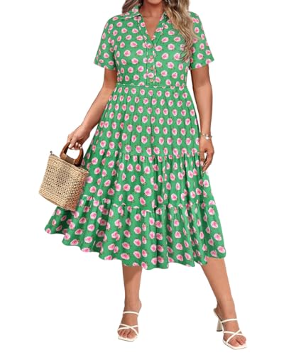 Image of CARCOS Plus Size Dresses for Curvy Women Collared Vneck Short Sleeve Dresses Midi Summer Ruffle Dress with Pocket XL-5XL