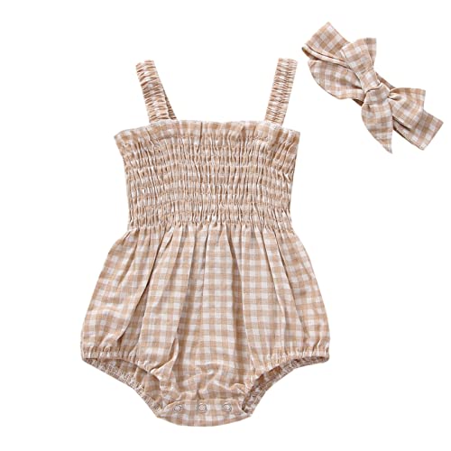 Image of MERSARIPHY Newborn Baby Girl Summer Clothes Cotton Linen Bodysuit Romper Floral Pleated Tops with Headband
