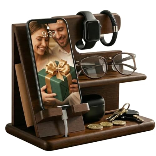 Wood Phone Docking Station for Men - 360 Rotating Nightstand Organizer with Rotating base Charging Slot Holds watch Wallet Keys Eyewear - Birthday Gifts for Men & Women Bedroom or Office Use Dark Brown