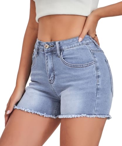 Image of VIPONES Women Mid Rise Jeans Shorts Frayed Raw Hem Summer Stretchy Casual Denim Shorts