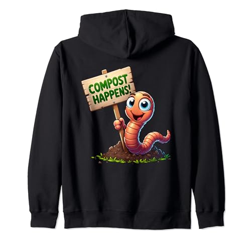 Fossil Forward Homestead - Compost Happens, Earthworm with Compost Sign, Garden Humor Zip Hoodie