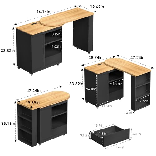 Image of Rolling Kitchen Island with 360 Swivel Kitchen Island with Power Outlet | Rotating Kitchen Islands with Storage Cabinets Wood Kitchen Island Table for Kitchen, Bar, Dining Room