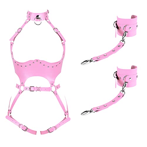 Waist Garter Belt Punk Full Body Harness For Women Photography Dance Rock Halloween Leather Cage Chest Strap Set (Pink) #TOP4