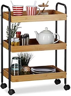Relaxdays Bamboo Serving Trolley, 3 Tiers, Look, 360° Casters, Steel, Natural/Black, HxWxD: 70x50x28 cm