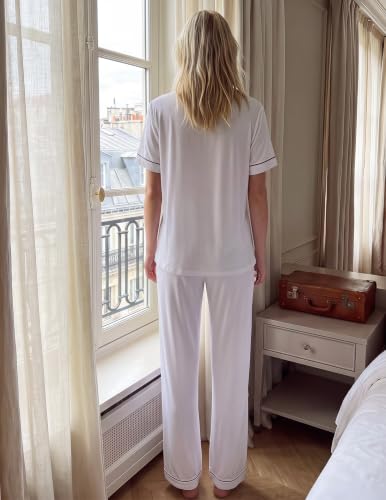 Image of HNG Women Pajamas Set 2 Piece Button Up Pajamas Pant and Short Sleeve Shirt for Woman Pj Sets with Pocket