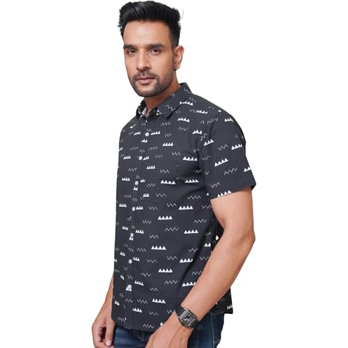 Image of Black Cotton Shirt with White Color Abstract Print | Lightweight Airflow Tech - Advanced breathable weave provides excellent ventilation during hot weather or parties.