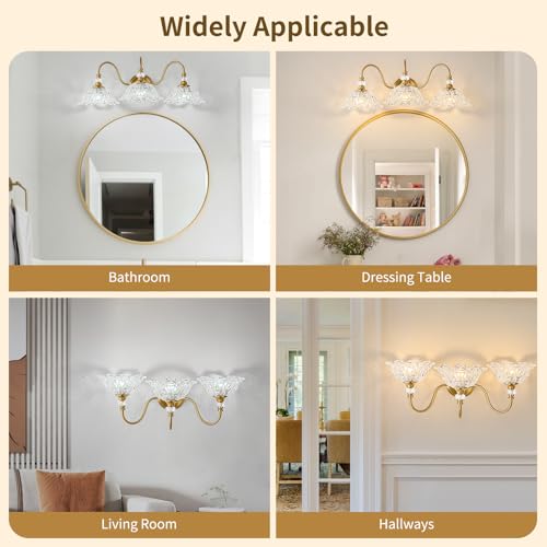 Image of Gold Bathroom Vanity Light, 3-Light Brushed Gold Finish Vanity Light with Floral Clear Glass Shades, Retro Wall Mount Lighting for Bathroom, Dressing Table